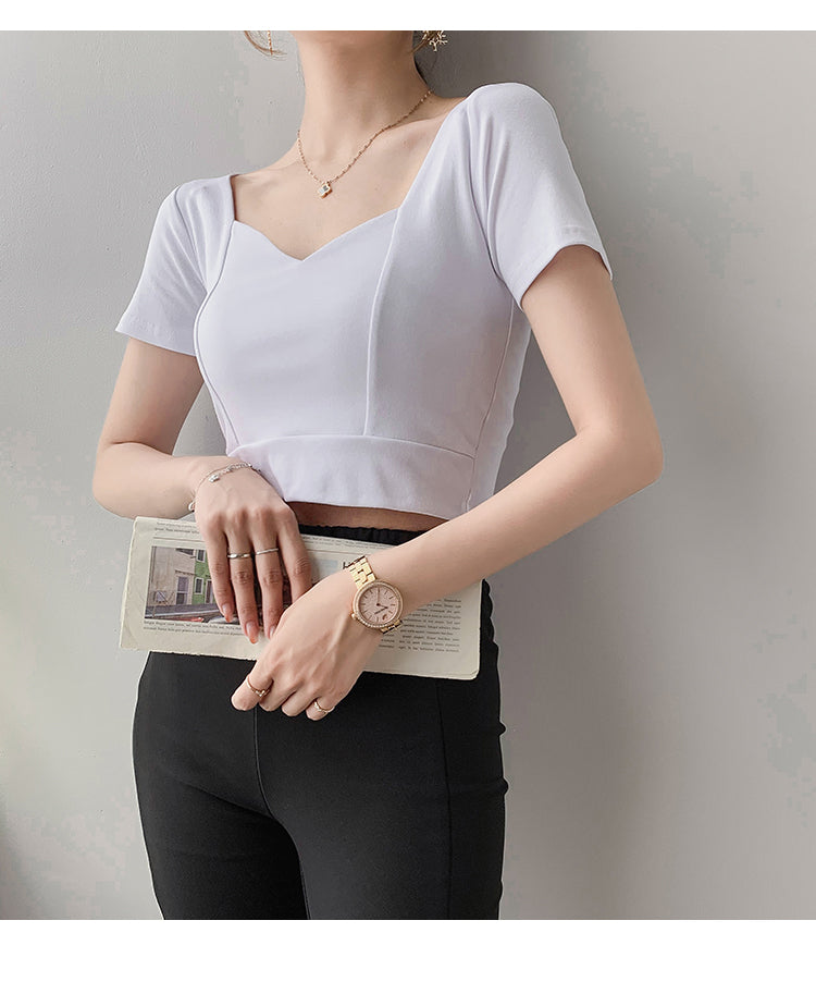 French Clavicle Square Collar Tops Women High Waist Croped Top Short Sleeve T-shirt Female