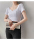 French Clavicle Square Collar Tops Women High Waist Croped Top Short Sleeve T-shirt Female