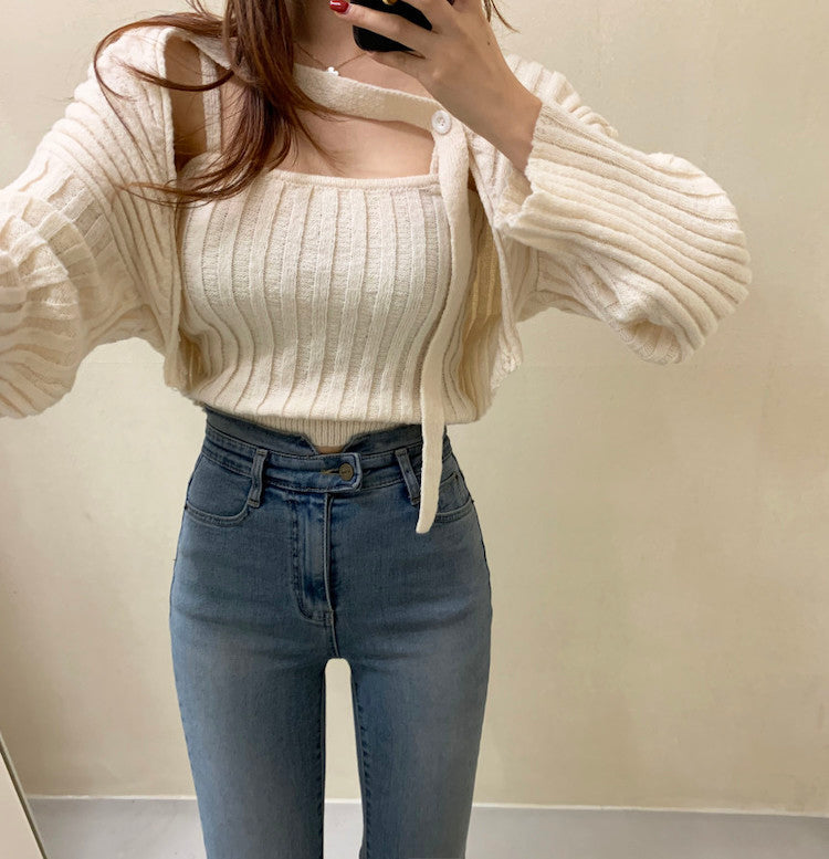 Camisole Knitted Cardigans Women Two Piece Sets 2021 Autumn Sweater Jacket Woman