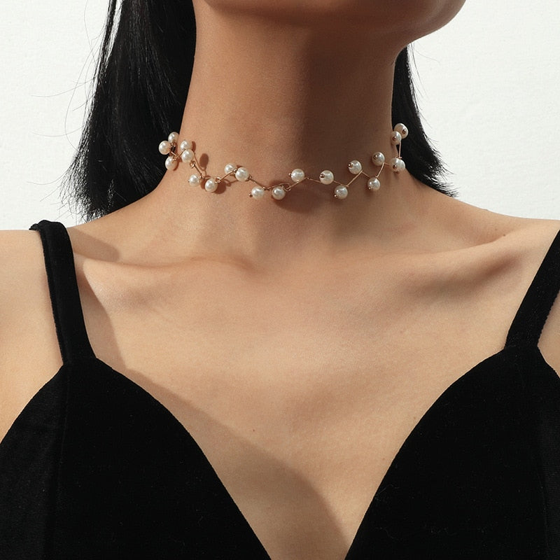 Water-wave Pearl Necklace For Women Charming Big Metal Geometric Statement Collar Necklace