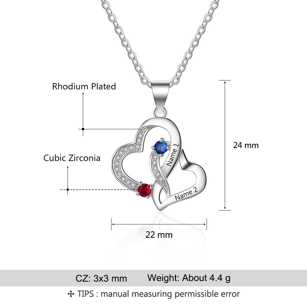 Customized 2 Birthstones Intertwined Heart Necklace Wedding Jewelry