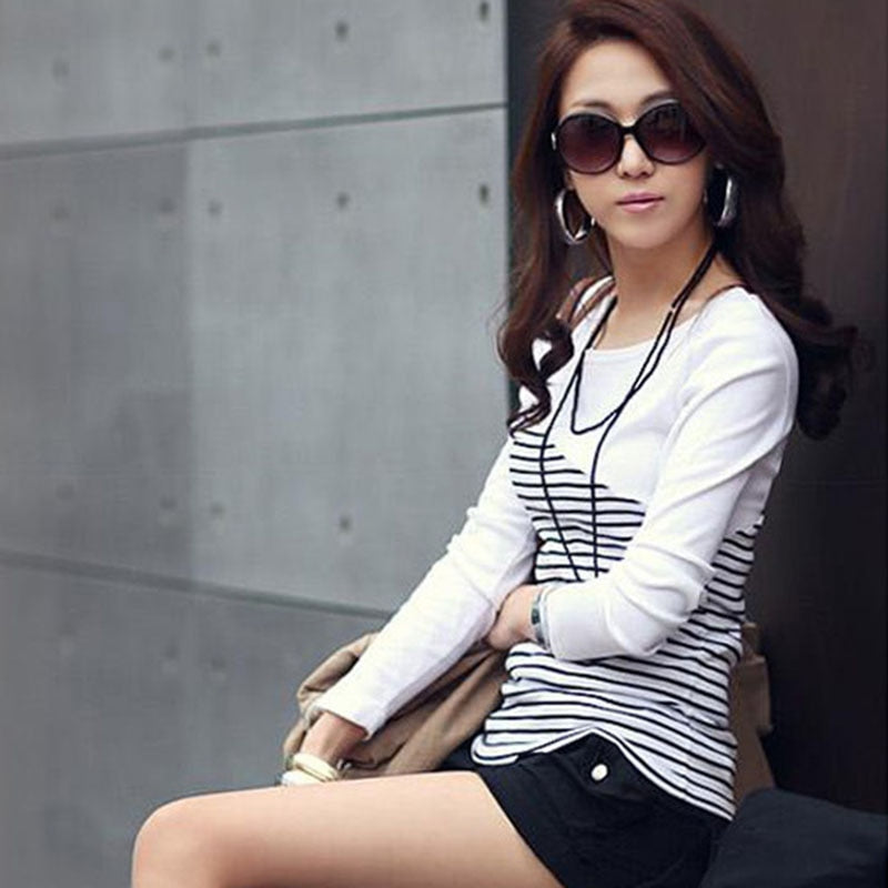 Spring-autumn new all-match Slim pullover striped stitching T-shirt long-sleeved bottoming shirt