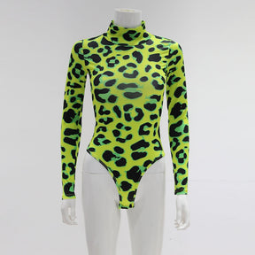 Women Long Sleeve Leopard Skin Prinetd Bodysuit Sexy Neon Green Streetwear Jumpsuit