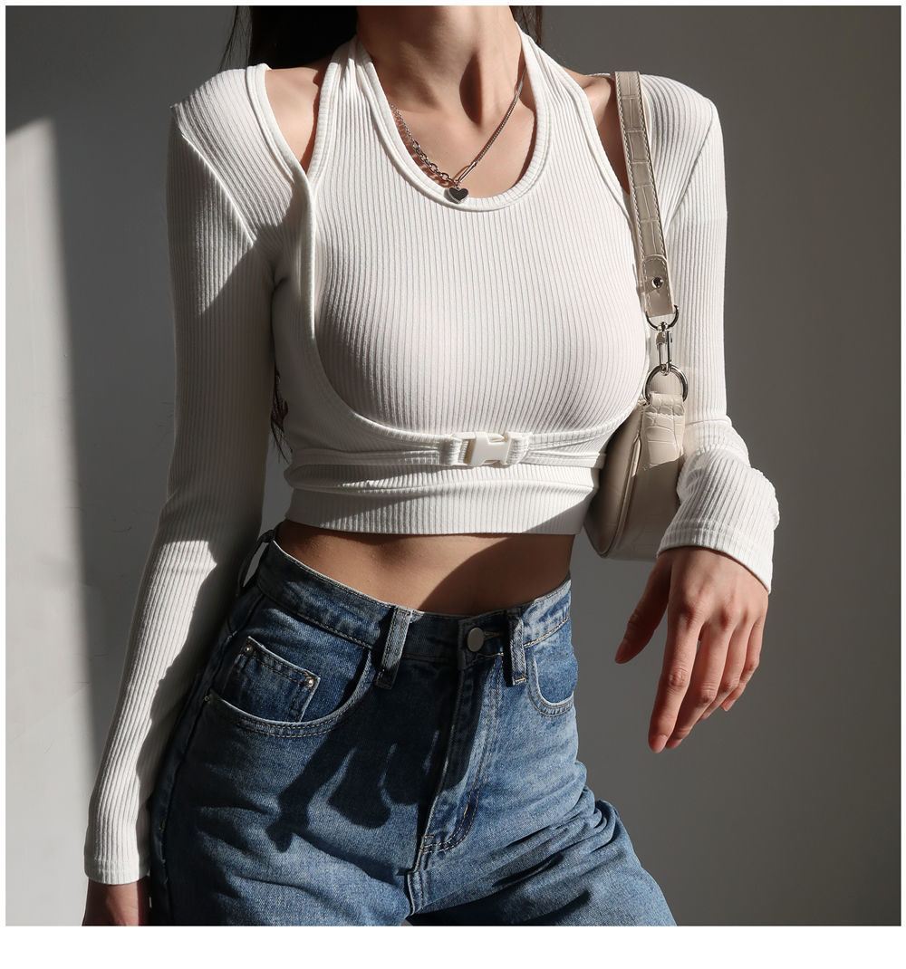 Fake Two Piece Halterneck Knitted Tops Women Tops Long Sleeved T-shirt Female