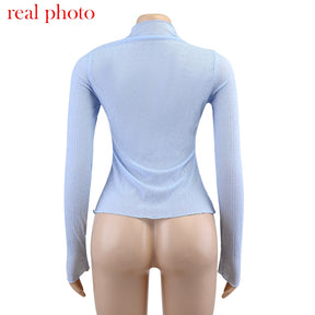 Elegant See Through Long Sleeve Mock Neck Women Tops Fashion Streetwear T-Shirts