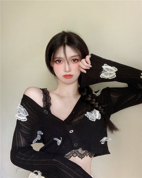 Butterfly Knit Cardigans Women V-Neck Crop Tops Ladies Summer Thin Long Sleeved