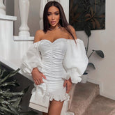 Off Shoulder Long Loose Flare Puff Sleeve Ruched Mini Dress