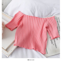 Women Off Shoulder T-shirts Knitted Ruffles Hem Crop Tops Short Sleeve T-shirts