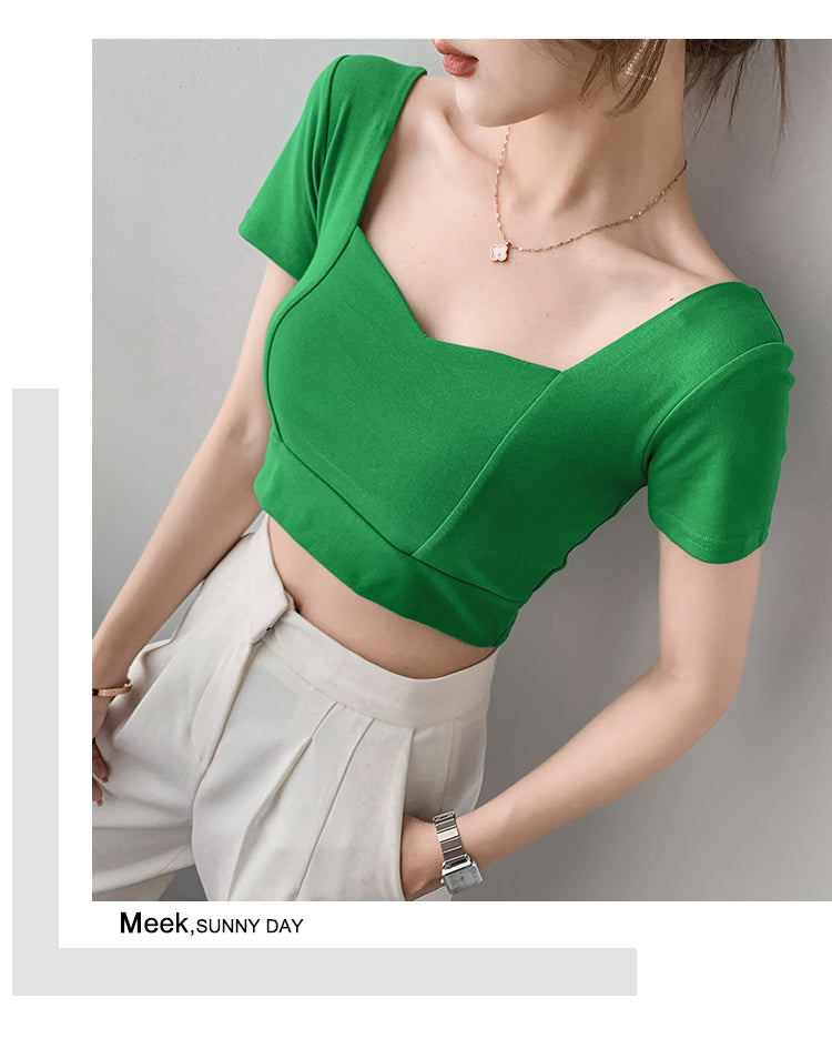 French Clavicle Square Collar Tops Women High Waist Croped Top Short Sleeve T-shirt Female
