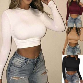 Frauen Sexy Bodycon T-Shirt Langarm O-Ausschnitt Crop Top Modis Etui-T-Shirt