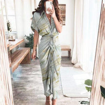 Women Summer Short Sleeve Slit Long Dress Turn-down Collar Elegant Button Draped Party Dresses