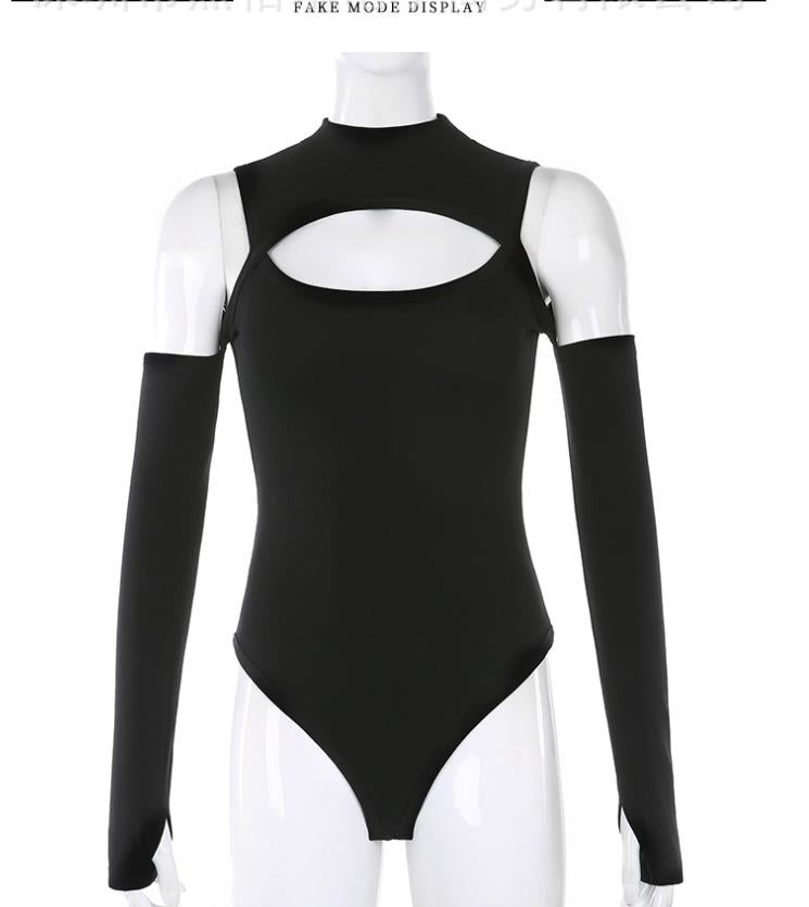 Langärmliger Bodysuit für Damen, einfarbig, hohl, schulterfrei, mit halbhohem Kragen