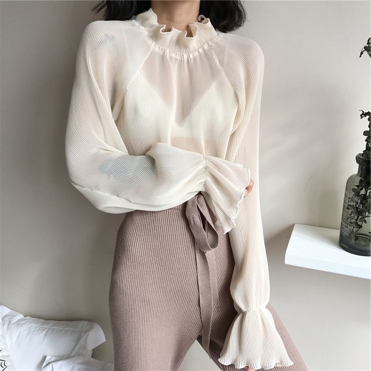 Chiffon Shirts Retro Elegant Ruffled Collar Lace Bottoming Shirt Women Lantern Sleeve Tops