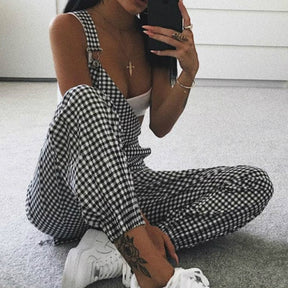 Women Straps Jumpsuits Ladies Summer Plaids Checked Playsuits Backless Outfits White&Black