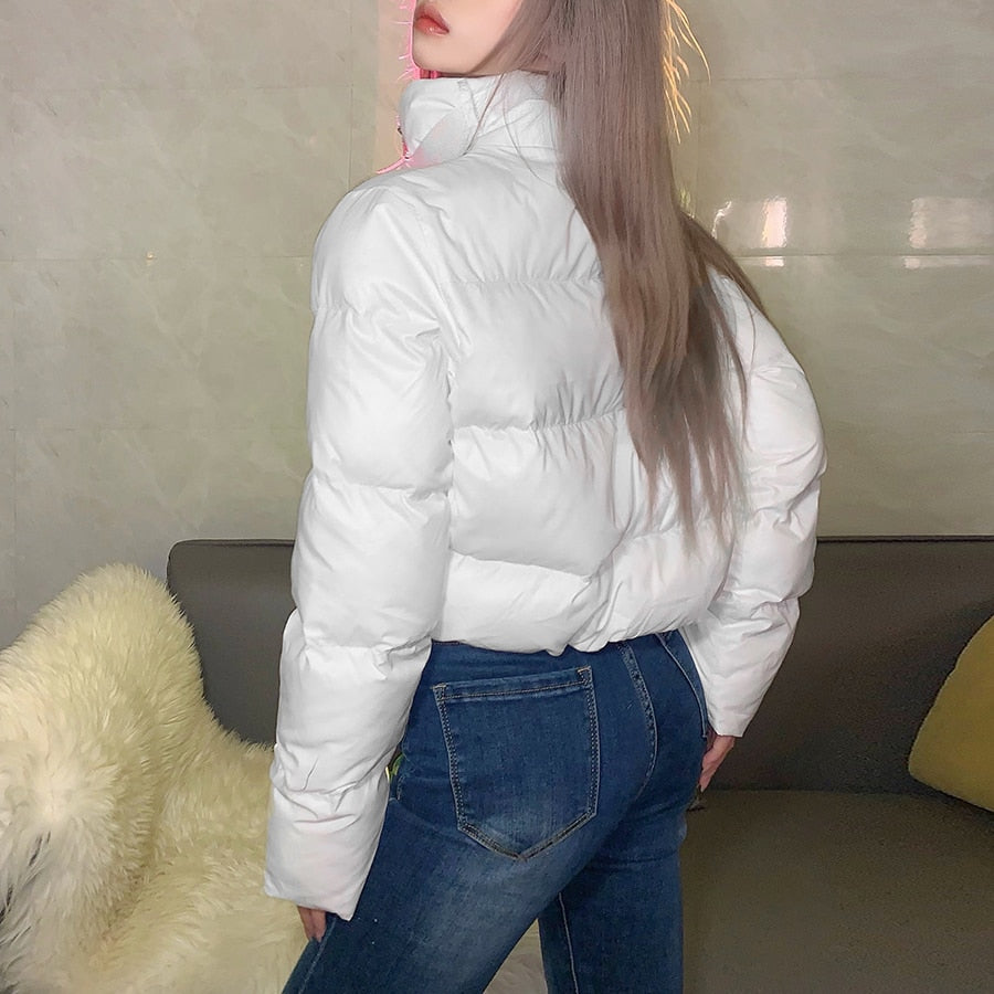 Faux PU Leather Y2K Bubble Puffer Winter Warm Jacket Women Long Sleeve Coats