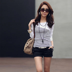 Spring-autumn new all-match Slim pullover striped stitching T-shirt long-sleeved bottoming shirt