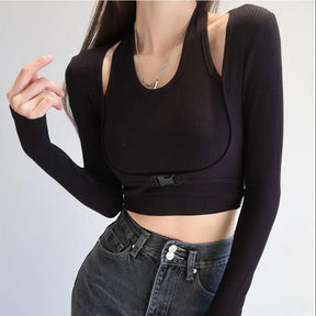 Fake Two Piece Halterneck Knitted Tops Women Tops Long Sleeved T-shirt Female