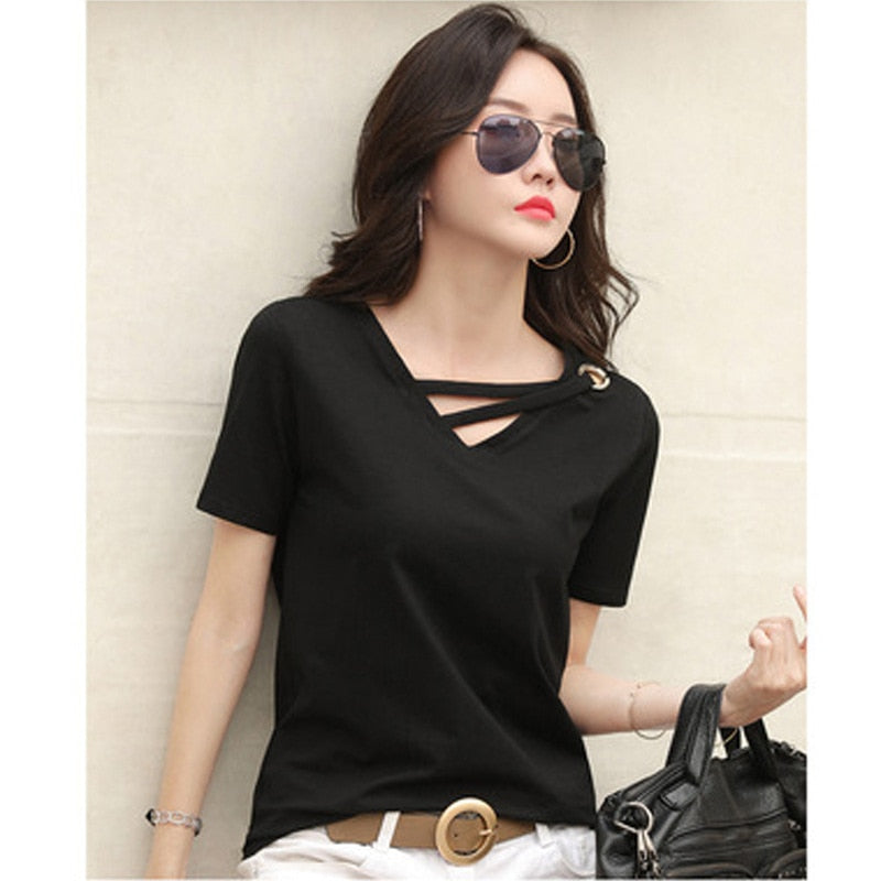 summer short sleeve women white t-shirt women V-neck loose black top casual t shirt women