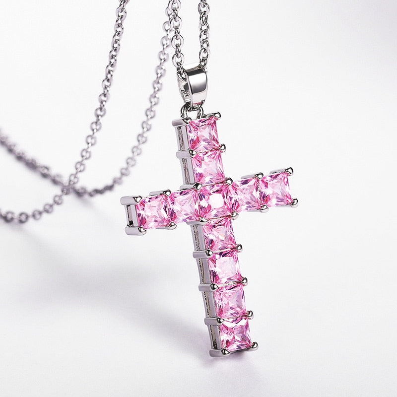 Cross Necklace Female Inlaid White/Pink Cubic Zirconia Fashionable for Party Jewelry