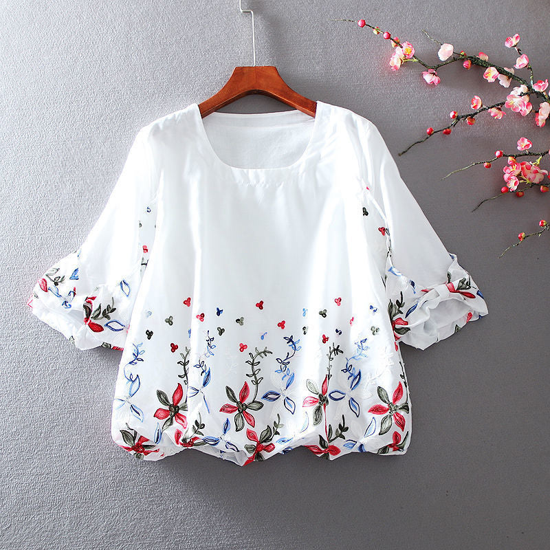 White Chiffon Blouse Short Sleeve Women Stripe Flower Print Top Loose Shirt