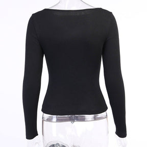 Sexy Hollow Out Slim Fit Long Sleeve Casual Round Neck Shirt Solid Black Tops T Shirt