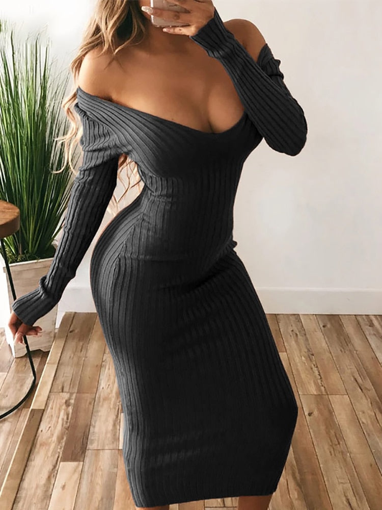 Sexy, figurbetontes Midi-Frauenkleid, gestrickt, mit langen Ärmeln, V-Ausschnitt, Party, elegante Robe, Damenkleider