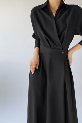 Turn-down Collar Women A-line Dress Long Sleeve Slim Waist Vestidos