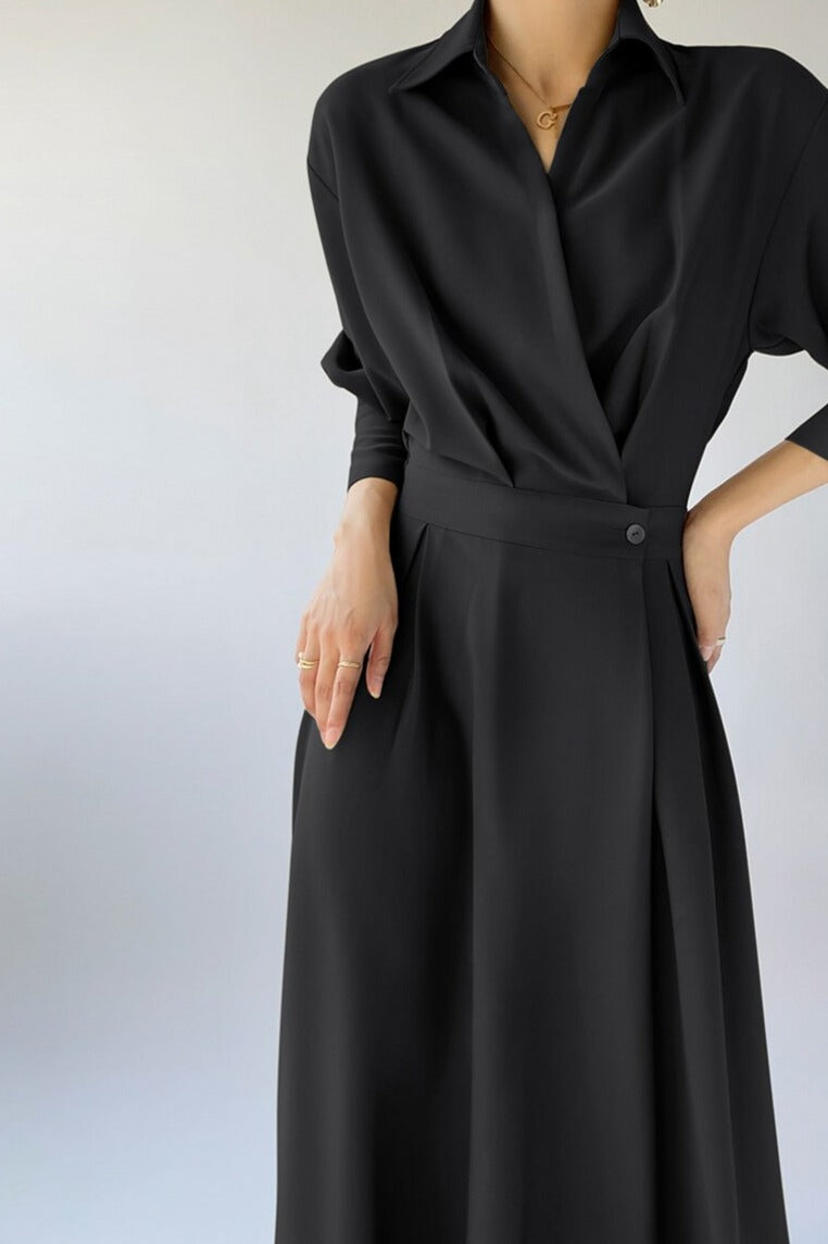 Turn-down Collar Women A-line Dress Long Sleeve Slim Waist Vestidos