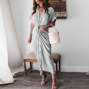 Women Summer Short Sleeve Slit Long Dress Turn-down Collar Elegant Button Draped Party Dresses