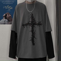 Gothic Style Tshirt Punk Long Sleeve Oversized T-shirt Fake Two-piece Street Fashion Style