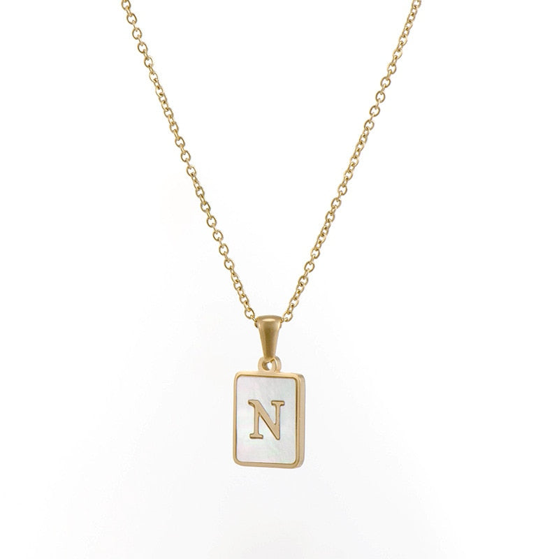 18K Golden Chain Necklaces Male Square Natural Shell Initial Letters Pendant Stainless Steel Jewelry