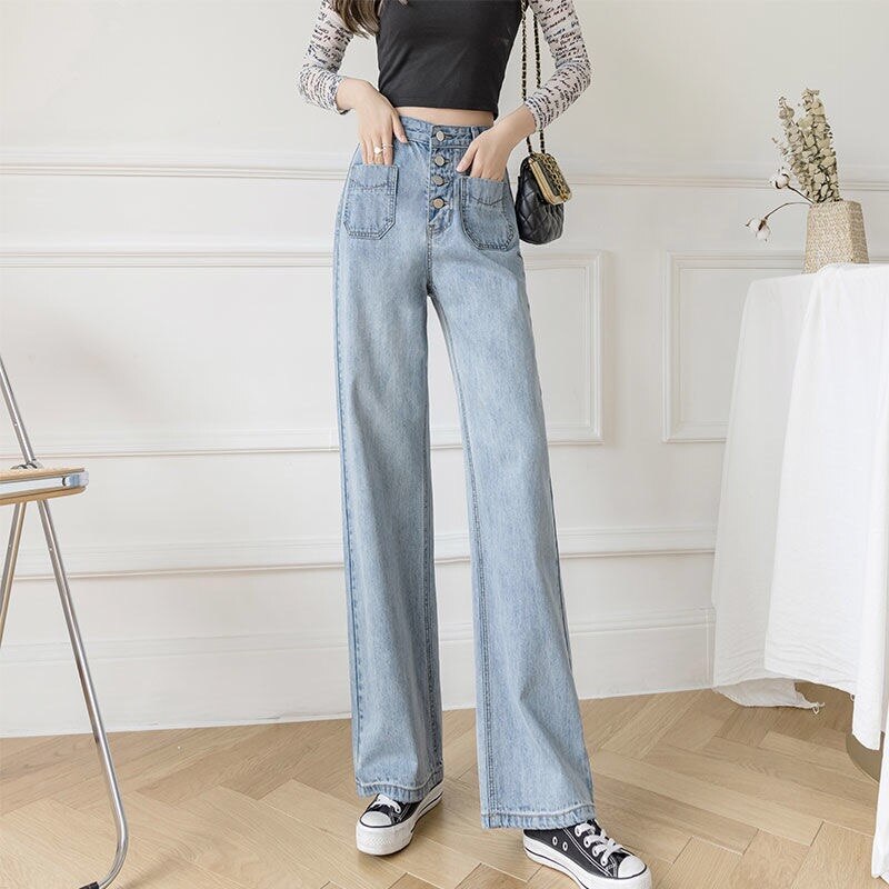 Women's Loose Straight Denim Trousers Female High Waist Wide Leg Pants high street