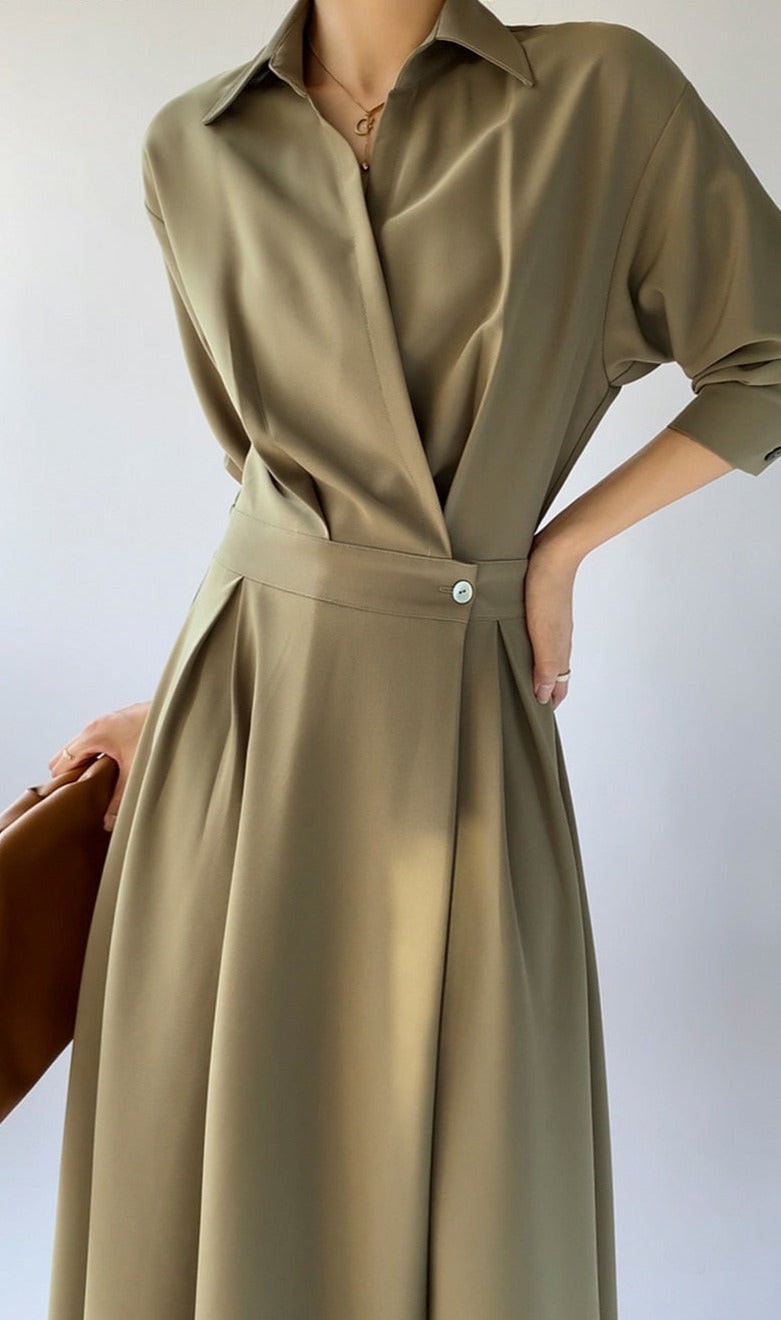 Turn-down Collar Women A-line Dress Long Sleeve Slim Waist Vestidos