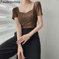 French Clavicle Square Collar Tops Women High Waist Croped Top Short Sleeve T-shirt Female