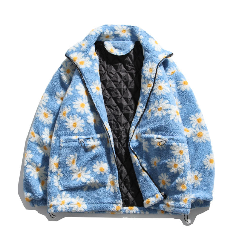 Cotton Padded Thick Parkas Jackets Daisy Print Fleece Warm Full Zip Coats