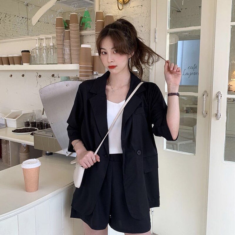 Blazer Set Women Korean Fashion Thin Jackets Casual Loose Shorts Two Piece Suits Female