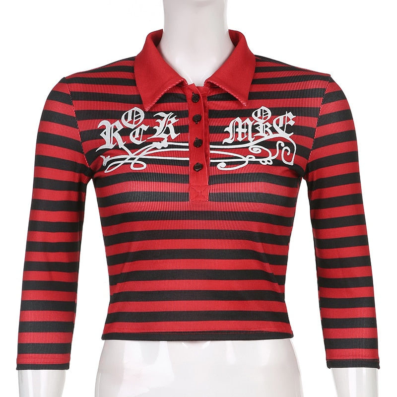 Goth Print Tops Stripe Cute T-Shirts Dark Academia Techwear Button Up V Neck Half Sleeve Sweat Shirts