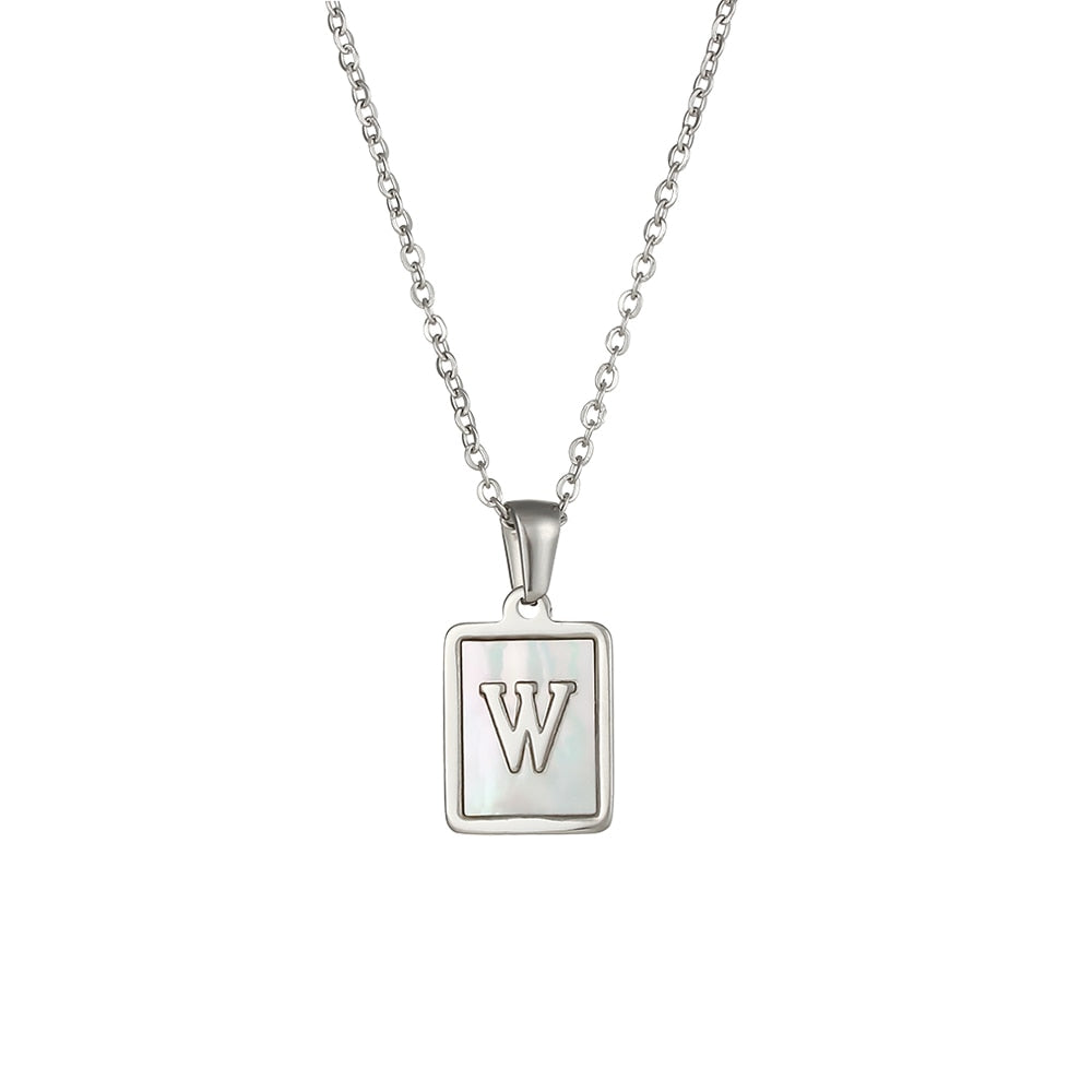 18K Golden Chain Necklaces Male Square Natural Shell Initial Letters Pendant Stainless Steel Jewelry