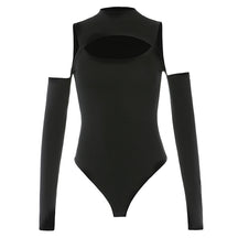 Langärmliger Bodysuit für Damen, einfarbig, hohl, schulterfrei, mit halbhohem Kragen