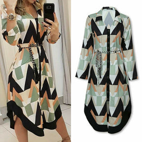 Spring Summer Lady Cover Up Women's Shirt Dress Wave Print Long Sleeve V-Neck Casual Dress Plus Size