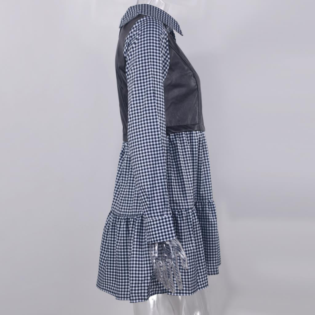 Mini abito camicia a maniche lunghe da donna Abiti scozzesi patchwork in pelle PU primavera 2022 bianchi