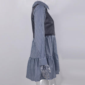 Langarm-Mini-Hemdkleid für Frauen Weiß 2022 Frühlings-PU-Leder-Patchwork-Plaid-Kleider