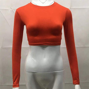 Women Sexy Bodycon T Shirt Long Sleeve O-neck Crop Top Modis Sheath T Shirt