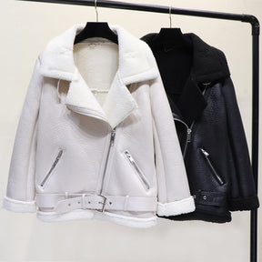 Faux Lamb Leather Jacket Pu Moto Zipper Jacket Warm Thick Outerwear