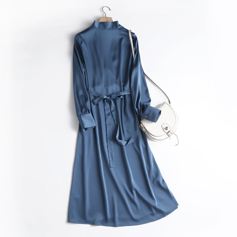 Autumn Fashion Women Elegant Satin Dress Long Sleeve Office Ladies Midi Dress