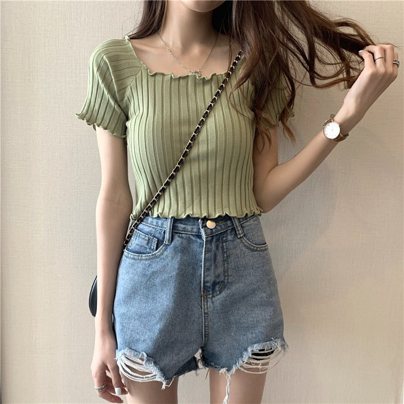 Women Off Shoulder T-shirts Knitted Ruffles Hem Crop Tops Short Sleeve T-shirts