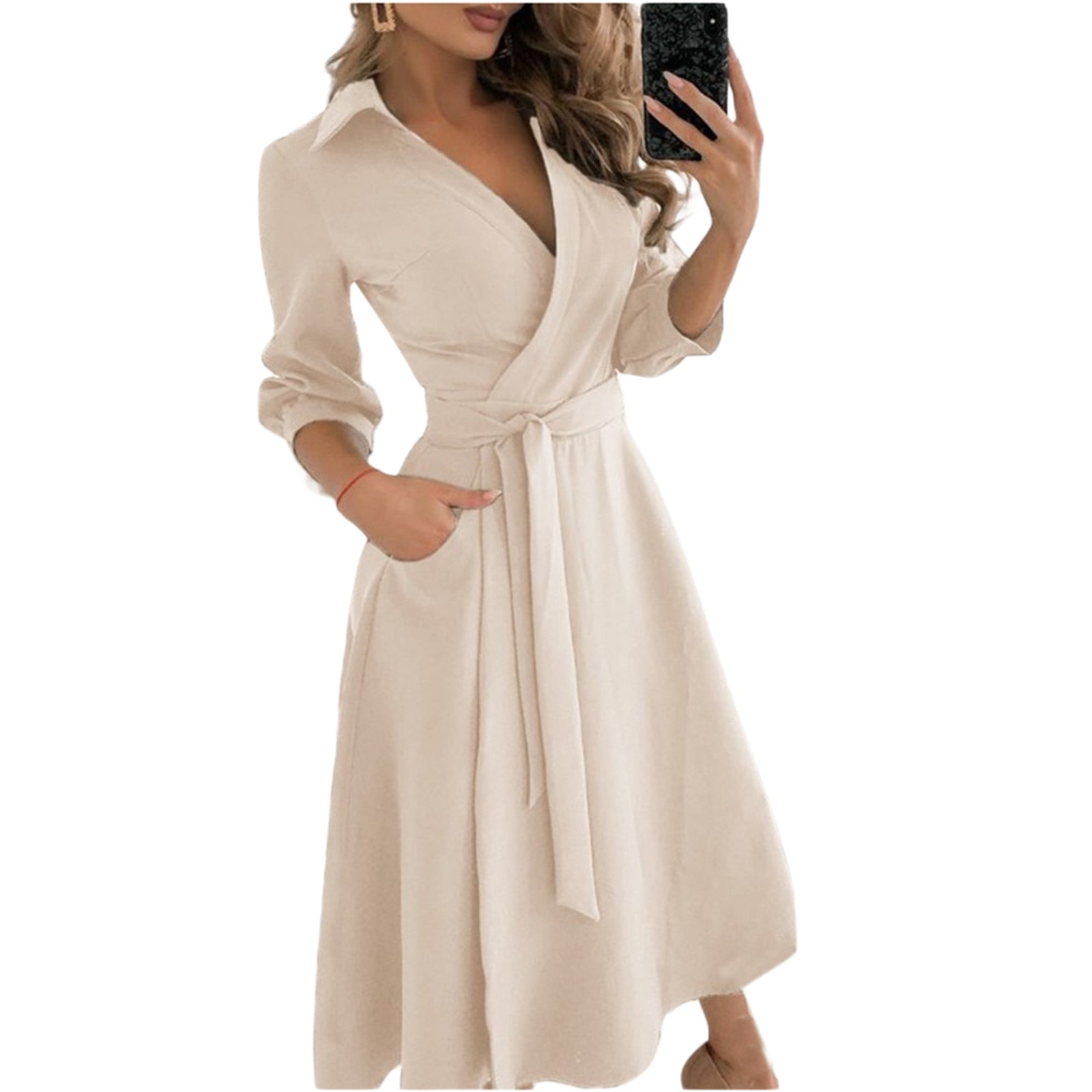 Spring Summer Lady Cover Up Women's Shirt Dress Wave Print Long Sleeve V-Neck Casual Dress Plus Size