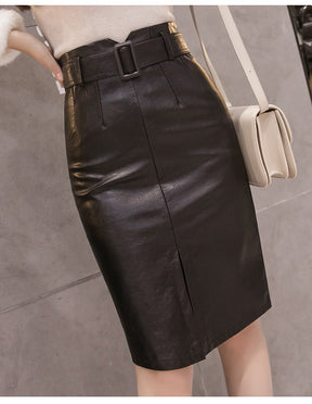 PU Leather Pencil Midi Skirts with Belt High Waist Split OL Elegant Sheath Wrap Skirts