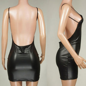 Sexy Kunstlederkleid Rückenfreies kurzes Kleid Solid Black Look Latex Bodycon Push-Up-BH Mini-Mikrokleid