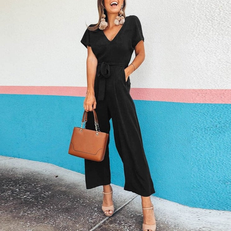 Summer 2022 Streetwear V-neck Jumpsuit Beach Elegant Party One Piece Black Rompers